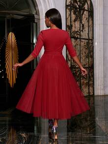 Elegantes Cocktailkleid mit Kreuzausschnitt und Krawatte, knielang, Partykleid, Hochzeitsgast-Kleid, Abendkleid, Abendgarderobe, Langes Kleid - Rot - Übersicht 3