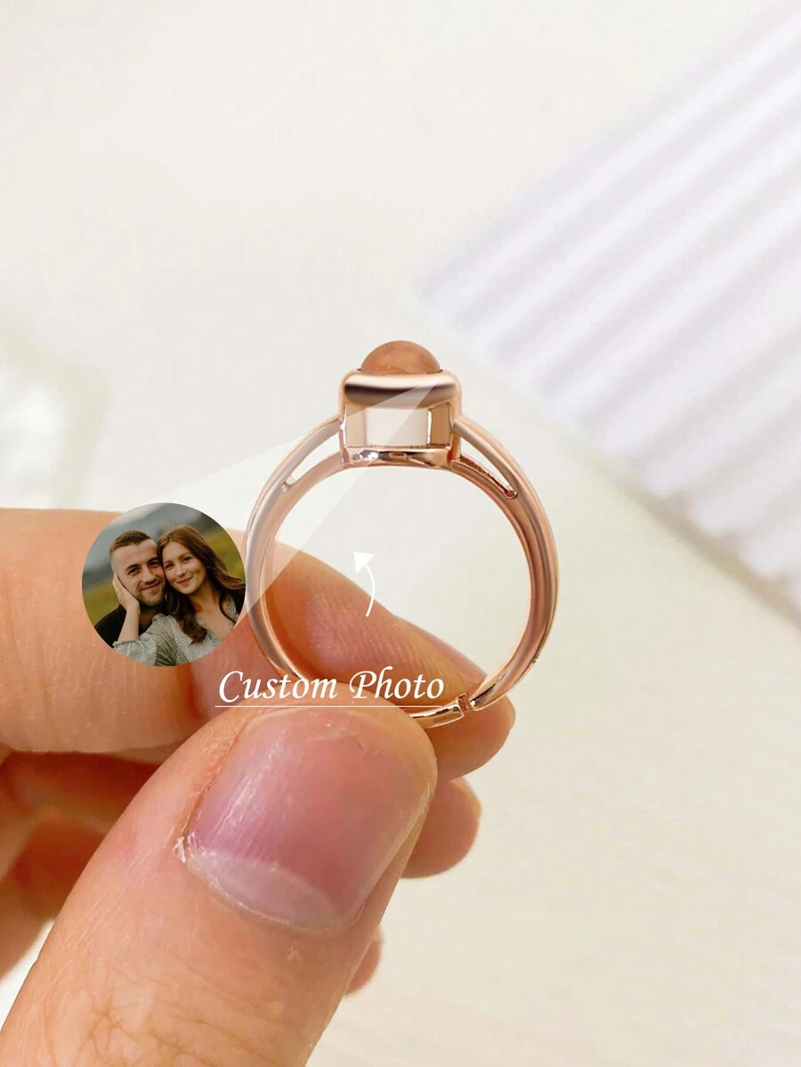 1PC Sterling Silver Custom Projection Photo Ring, Adjustable Personalized Ring, Custom Family Pet Photo Ring, Couples Ring, Anniversary Gift - Rose Gold - View 1