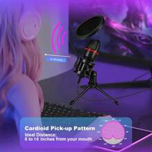 Microfone de Condensador Diafragma Pequeno USB para Streaming de Podcast em PC com Iluminação RGB, Tripé, Filtro Anti-Pop, Conectividade USB-C, Plug and Play