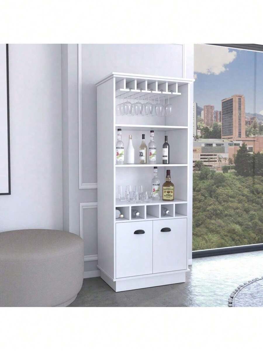Gabinete bar de 70 pulgadas de altura con 10 estantes de vidrio, 5 cubículos y 3 estantes abiertos y gabinete blanco, DreamDecor