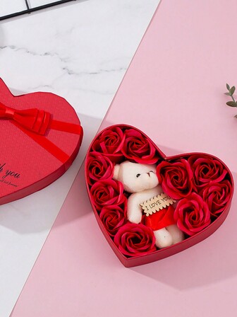 1pc Red Artificial Flower & 1pc Heart-Shaped Storage Box, Romantic Simulation Flower Home Decor And Party Decoration