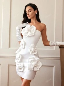 Romantic Floral Embellished Backless Bustier Dress, Elegant French Style, Suitable For Valentine's Day, Spring/Summer, Party Dress, Wedding Guest Dress, Prom Dress