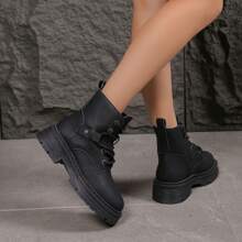 Botas retro de suela gruesa de unicolor para mujer, uso casual diario - Negro - Ver 2