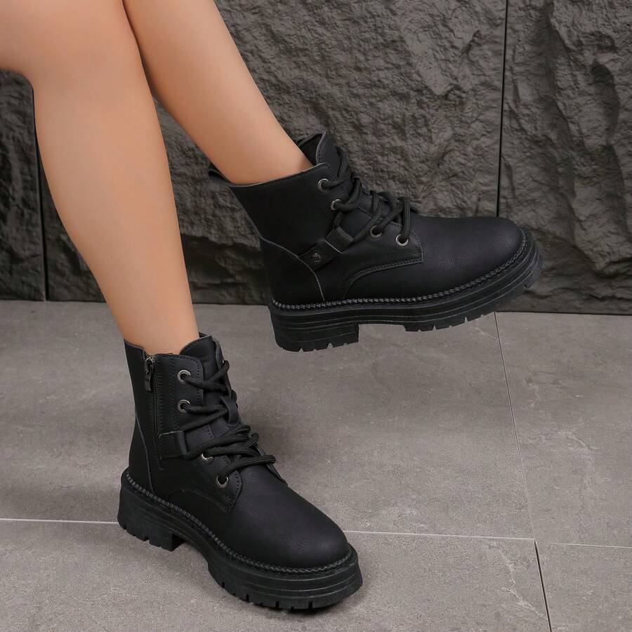 Botas retro de suela gruesa de unicolor para mujer, uso casual diario - Negro - Ver 1