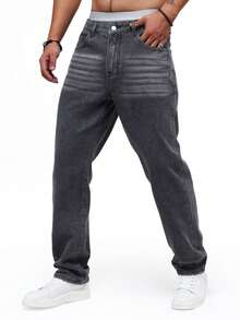 Jeans casual diritti a vita uomo con lavaggio vintage - Grigio Scuro - Visualizzare 8