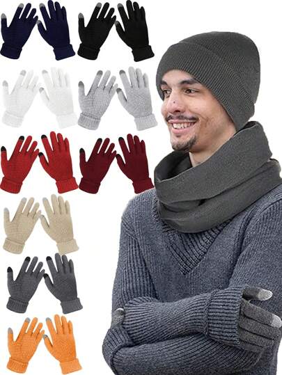 男士秋冬触屏手套，保暖针织手套，带保暖内衬，弹性袖口设计，方便发短信，适合户外活动、骑行、徒步、跑步、日常穿着，也是节日礼物之选。