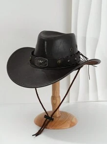 1pc Unisex Solid Color PU Leather Cowboy Hat With Unique 3D Metal Bull And Studded Star Decor, Adjustable Brim Width, New Vintage Cyberpunk Style, Perfect For Parties, Western Themed Events, Cosplay, Halloween, Music Festivals, Travel & Outdoor Activities