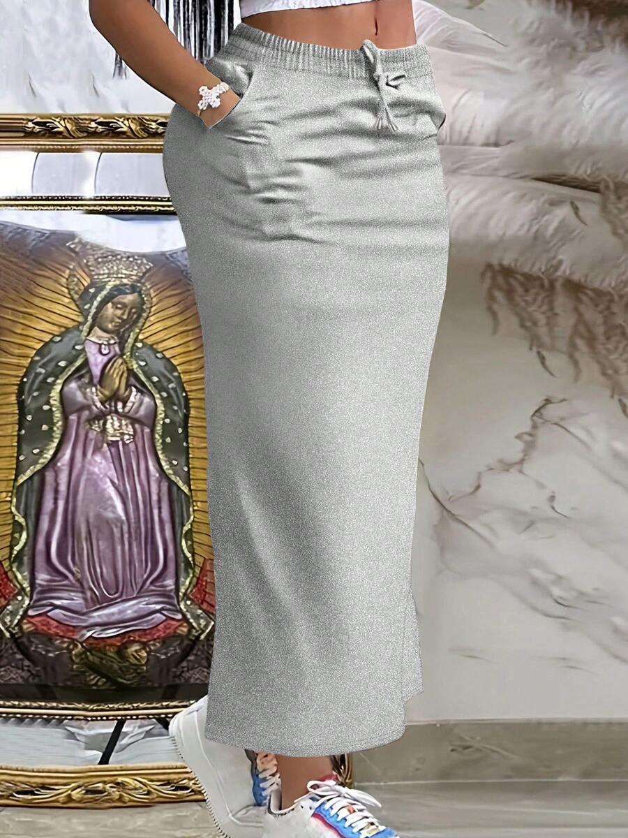 Solid Color Drawstring Waistband Long Skirt, Casual Split Hip Hugging Sexy Slim Fit Skirt With Pockets, Women's Casual Bottoms - 淺灰色 - 查看 1