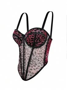 Women's Leopard Print Bustier Crop Tops Sexy Sleeveless Corset Top - Burgundy - View 1