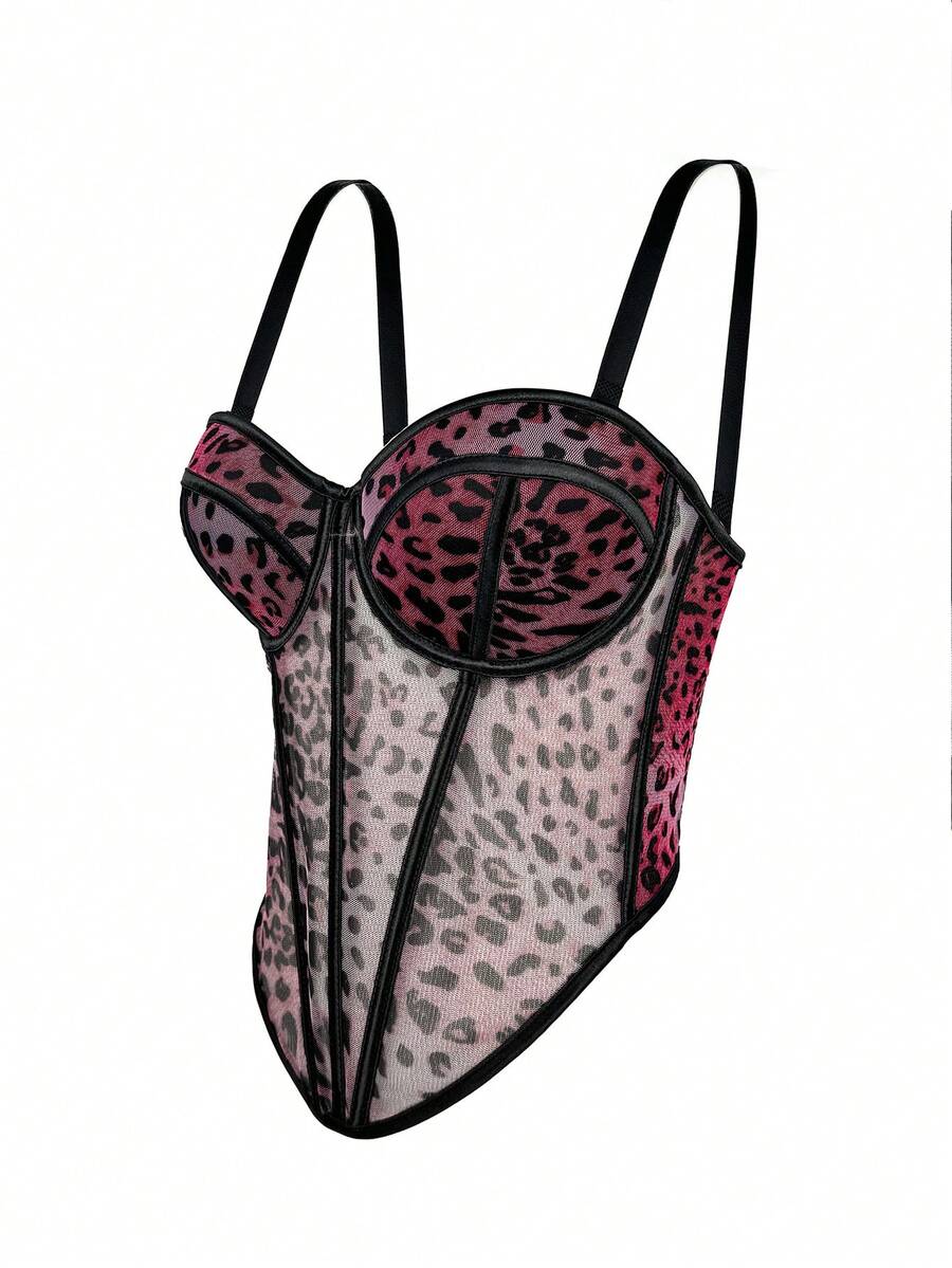 Women's Leopard Print Bustier Crop Tops Sexy Sleeveless Corset Top - Burgundy - View 1