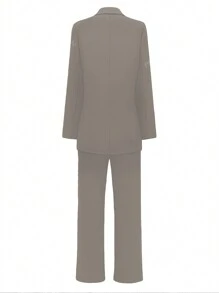 2pcs Women's Elegant Casual Blazer Jacket And Straight Pants Suit For Office Work, Autumn/Winter, With Shoulder Pad