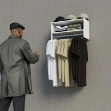 Cabideiro De Parede Arara Suspenso Em Mdf Com Nicho 70cm Cor Branco e Preto