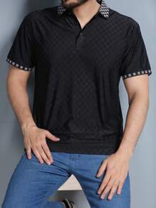 Camiseta masculina de gola polo de cor sólida luxuosa de manga curta casual tecido de seda gelada com boa elasticidade, padrão xadrez mais respirável e confortável - Preto - Visão 5
