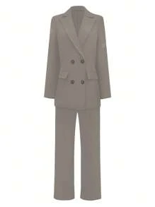 2pcs Women's Elegant Casual Blazer Jacket And Straight Pants Suit For Office Work, Autumn/Winter, With Shoulder Pad