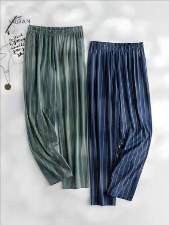 2pcs/Set Men Striped Pajama Pants Spring Autumn Plus Size Loose Casual Sleepwear Bottoms, Can Be Worn Outdoor