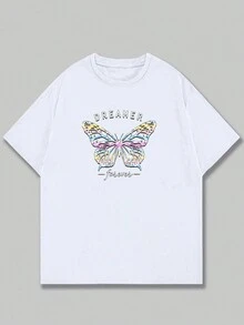 Printed T-Shirt Butterfly Art Basic Blouse Premium Men's Fashion Short Sleeve Casual - 白色 - 查看 1