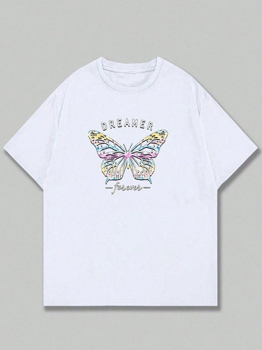 Printed T-Shirt Butterfly Art Basic Blouse Premium Men's Fashion Short Sleeve Casual - 白色 - 查看 1