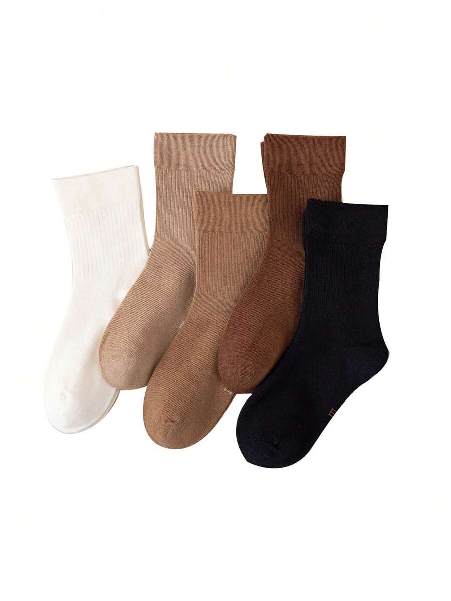5 Pairs Kids Socks, Solid Color NoBone Loose Top MidCalf Socks, Dark