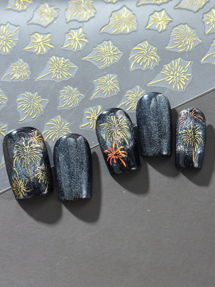 2Pcs 3D Shiny Fireworks Nail Art Stickers Gold Silver Glitter Blooming