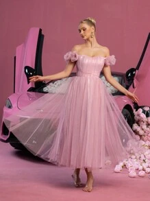 Đầm dạ hội thanh lịch trễ vai, xếp ly phía trước, chất liệu lưới, hoàn hảo cho các buổi tiệc, liên hoan, tiệc cocktail, các dịp bán trang trọng, sinh nhật, đám cưới, lễ tốt nghiệp và các lễ kỷ niệm. - Hồng - Xem 5