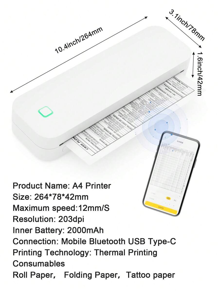 A4 Portable Wireless Travel Printer, Thermal Inkless Printer, A4