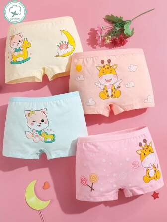 Young Girl 4pcs/Pack Soft & Comfortable Cartoon Printed Boxy Briefs