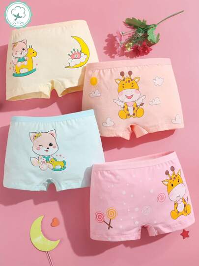 Young Girl 4pcs/Pack Soft & Comfortable Cartoon Printed Boxy Briefs