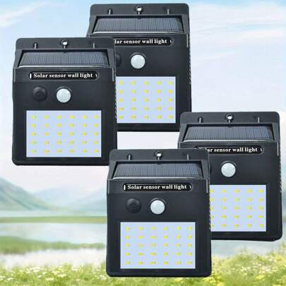Outdoor Solar Wall Light, 4 Packaged Motion Sensor Safety Lights, Plastic Material, Polished Metal Coating, Semi Embedded, Solar Charging, 400mAh Lithium Battery, Including Installation Hardware, Non Removable Fasteners, Used For Garden Staircase Paths