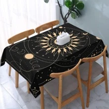 1 pieza Mantel de decoración con tema, Mantel con diseño de sol, estrella y luna, Mantel rectangular a prueba de agua y libre de arrugas, Decoración del hogar - Negro - Ver 10