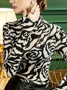 Spring Autumn New High Collar Lace Undershirt Women Slim Fit Floral Print Long Sleeve Fashionable T-Shirt Lace Blouse - Black and White - View 4