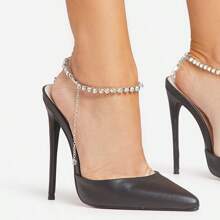 Ego Tilly Diamante Detail Ankle Strap Pointed Toe Stiletto Court Heel In Black Faux Leather - Black - View 2