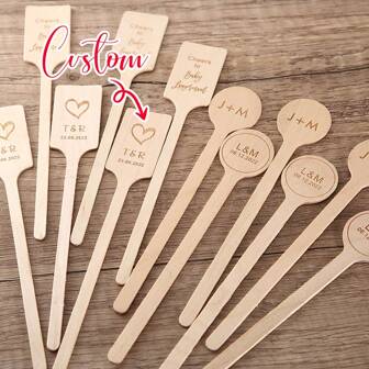 100pcs Custom Wooden Stir Sticks For Wedding Cocktails, Monogram Drink Stirrers, Cheers To Swizzle Sticks Cocktail Stirrers Bridal, Ornamental Stylish, High-Quality, Adorable Custom, Personalized, Unique Ideal Gifts For Her Boyfriend, Girlfriend Living Room, Home, Office, Vacay Vibes, Summer Holiday