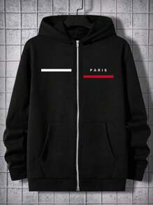 Plus Size Men's Paris Letter Print Hooded Zip-Up Jacket, Autumn/Winter
