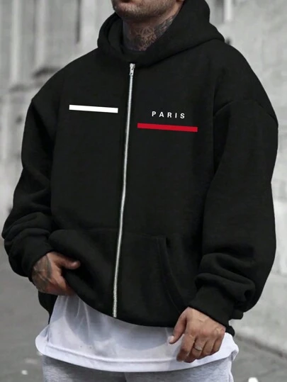 男士加大码长袖巴黎字母印花连帽拉链外套，秋冬季保暖内衬外套