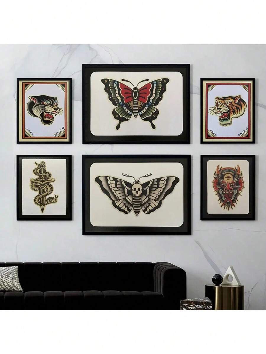 1buc Scandinav Clasic Epocă Artă de perete Colți Flori Fluturi Tatuaje Cranii HD Canvas Poster Printuri Acasă Dormitor Living Room Decor No Frame