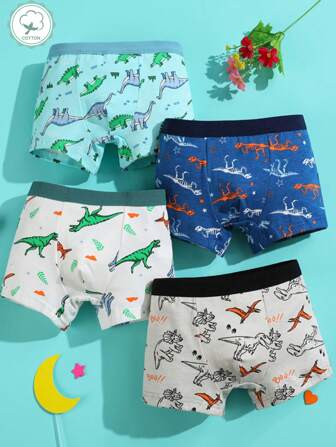 4pcs Soft & Comfortable Young Boys' Dinosaur Pattern Briefs