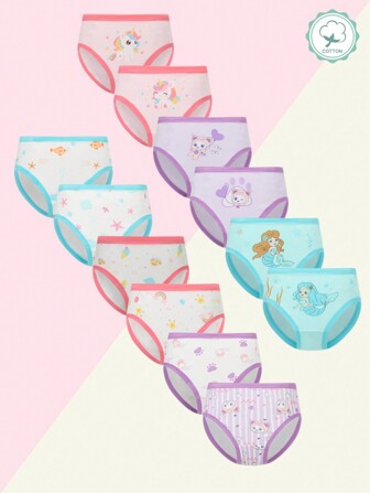 Set de 12 bragas de algodón casuales y cómodas con diseños de lindos unicornios y sirenas para niñas jóvenes