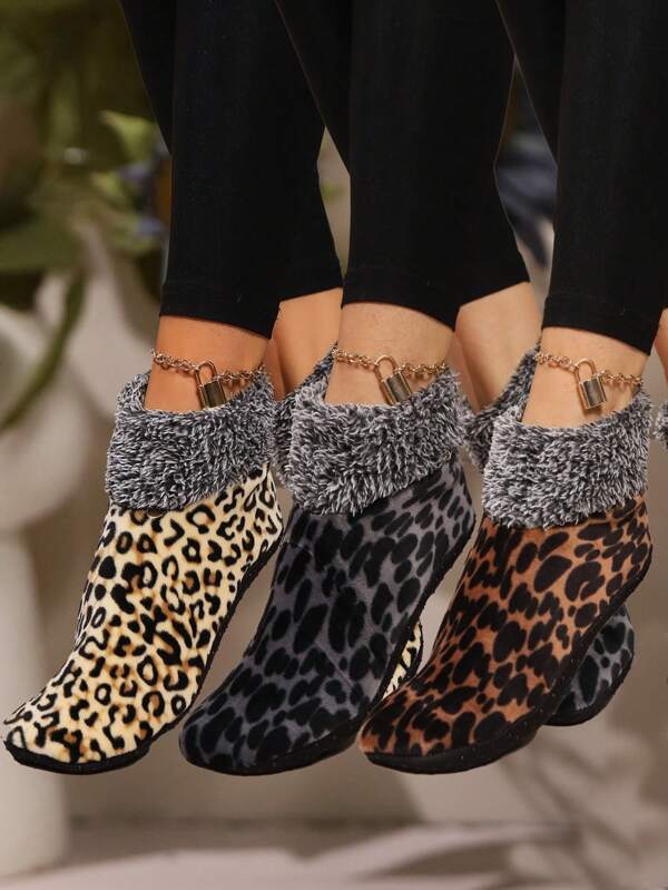3 pares de calentadores de pierna para mujer de invierno con estampado de leopardo y forro térmico, cálidos y suaves, de mezcla tejida, cómodos y con agarre para uso en interiores