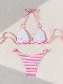Women's Summer Beach Vacation Striped Halter Tie Sexy Bikini 2 Pieces Swimwear Set