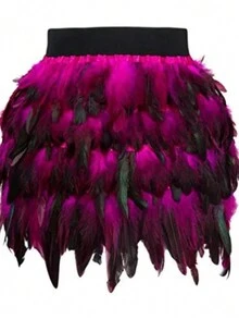 Falda asimétrica con plumas de pavo real, disfraz de lujo para baile de jazz europeo y americano, adecuado para Navidad, Día de San Valentín, escenario - Rosa Fucsia - Ver 3