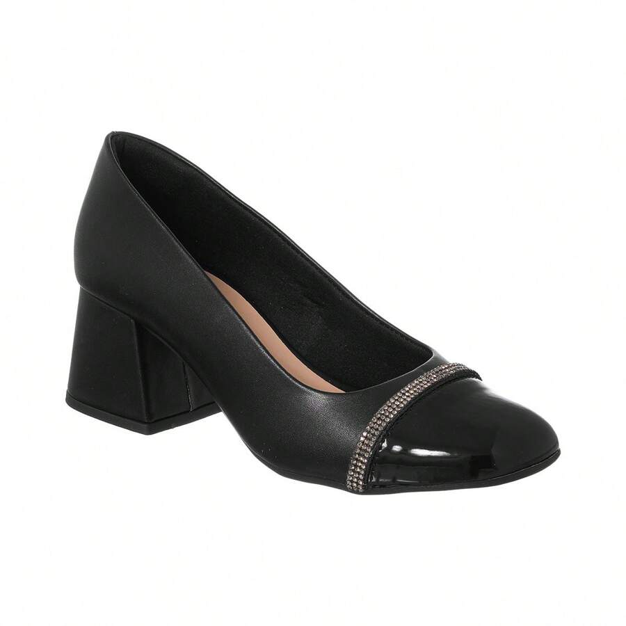 Di Valerina Women's Pumps Doll Shoes Thick Heel Square Toe Rhinestone - Negro - Ver 1