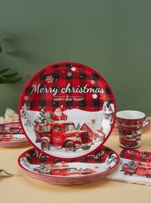 Red & Black Plaid Car Santa Claus Disposable Plates, Napkins, Cups - 7/9 Inch Christmas Holiday Disposable Plates & Napkins & Cups Set, Party Favor Disposable Paper Plates Napkins Cups For Party Supplies, Suitable For Holiday Party Decoration & Party Dining - Multicolor - View 3