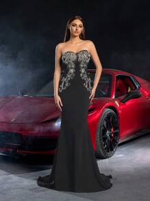 Mermaid Hem Strapless Prom Dress, Elegant Bridal Gown - Black - View 2