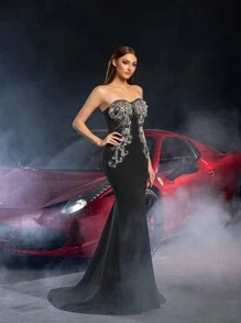 Mermaid Hem Strapless Prom Dress, Elegant Bridal Gown - Black - View 8