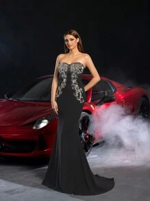 Mermaid Hem Strapless Prom Dress, Elegant Bridal Gown - Black - View 7