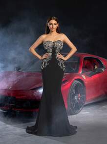 Mermaid Hem Strapless Prom Dress, Elegant Bridal Gown - Black - View 4