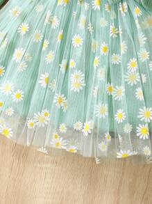女婴可爱雏菊花卉印花网眼圆领荷叶边长袖蝴蝶结罗纹针织连衣裙和头饰，适合派对、购物、摄影、春秋季 - 綠色 - 查看 7