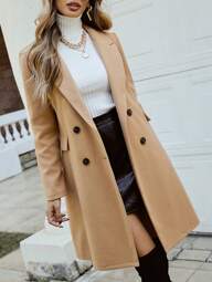 女士双排扣长袖翻领风衣