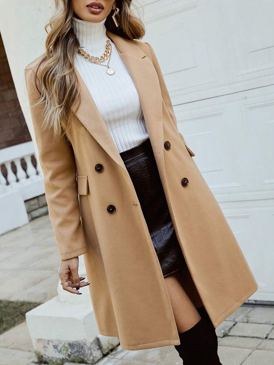 女士双排扣长袖翻领风衣