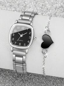 4 peças/conjunto de relógio de quartzo feminino quadrado minimalista com mostrador pequeno e pulseira com pingente de coração